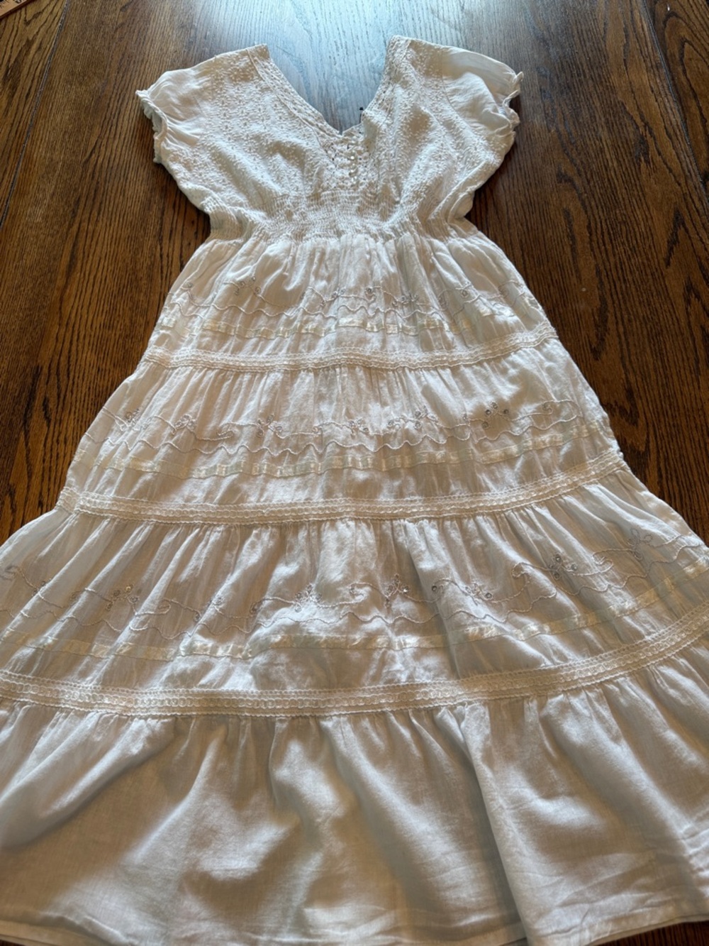 Romantic Prairie maxi coquette milkmaid empire waist  beaded cotton dress.